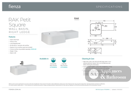 Fienza 47701AWHA RAK Petit Square Wall Basin Right Edge One Tap Hole Alpine White - Basins