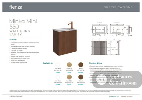 Fienza 55USR Minka Mini 550 Wall-Hung Vanity Right Hand Tap Scandi Oak - Vanity Units Wall Hung