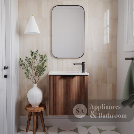Fienza 55UWAL Minka Mini 550 Wall-Hung Vanity Left Hand Tap Walnut - Vanity Units Wall Hung