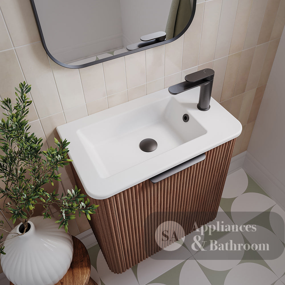 Fienza 55UWAL Minka Mini 550 Wall-Hung Vanity Left Hand Tap Walnut - Vanity Units Wall Hung