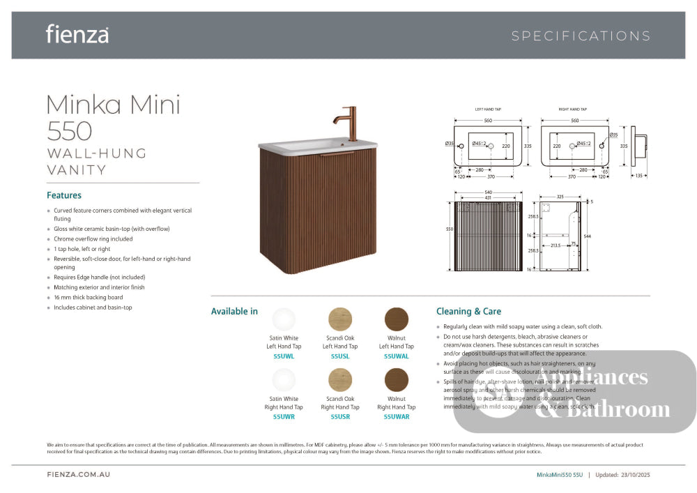 Fienza 55UWAR Minka Mini 550 Wall-Hung Vanity Right Hand Tap Walnut - Vanity Units Wall Hung