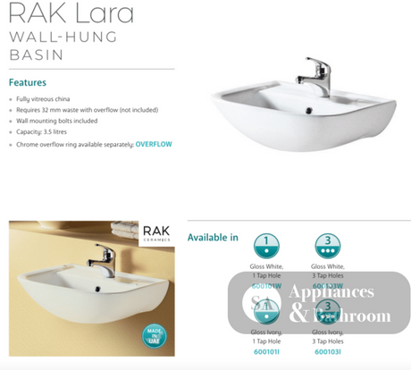Fienza 600101W RAK Lara Wall Hung 1 Tap Hole Ceramic Basin White - Basins
