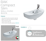 Fienza 601301W RAK 1 Tap Hole Compact Slim Wall Hung Ceramic Basin White - Basins