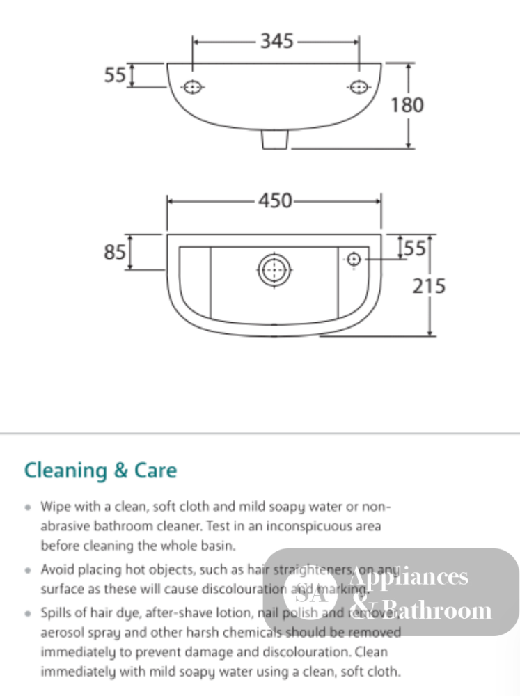 Fienza 601301W RAK 1 Tap Hole Compact Slim Wall Hung Ceramic Basin White - Basins