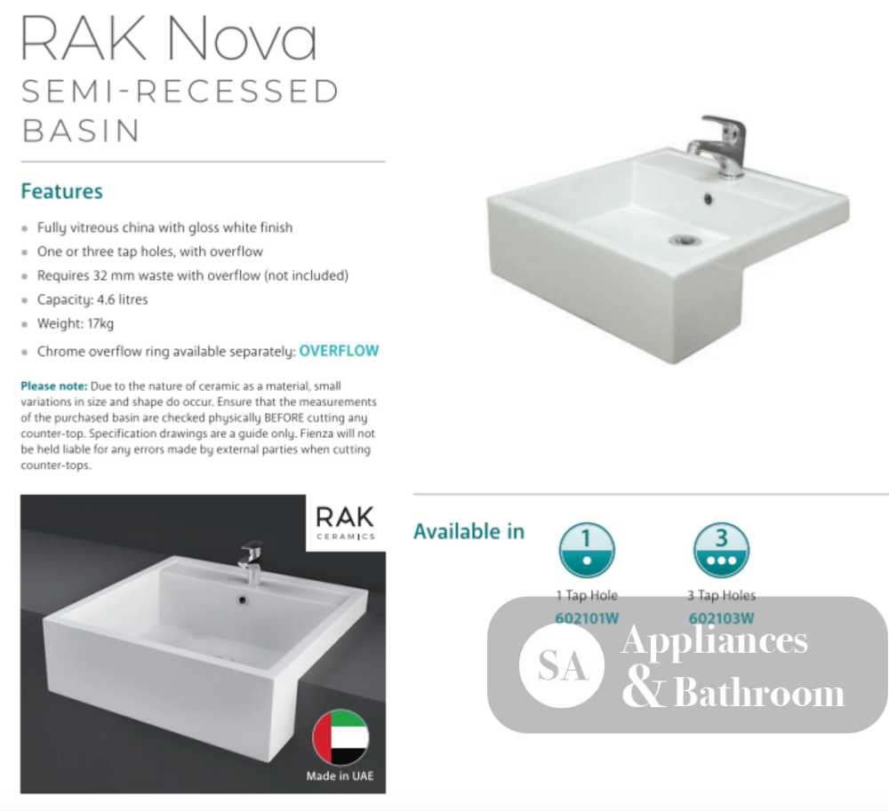 Fienza 602101W Nova Semi Recessed 1 Tap Hole RAK Ceramic Basin White - Basins