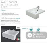 Fienza 602101W Nova Semi Recessed 1 Tap Hole RAK Ceramic Basin White - Basins