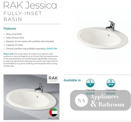 Fienza 603201I Jessica Inset RAK 1 Tap Hole Basin Ivory - Basins