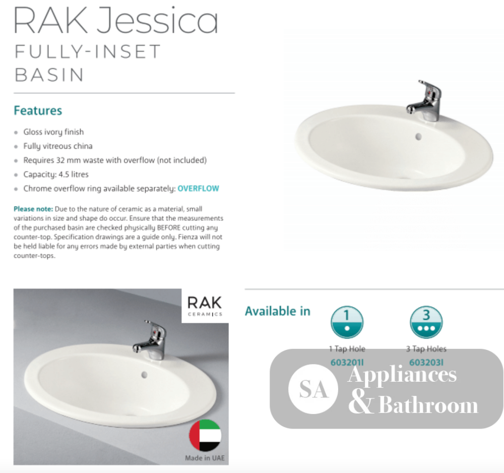 Fienza 603203I Jessica Inset RAK 3 Tap Hole Basin Ivory - Basins