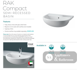 Fienza 603701W Semi Recessed RAK 1 Tap Hole Ceramic Compact Basin White - Basins