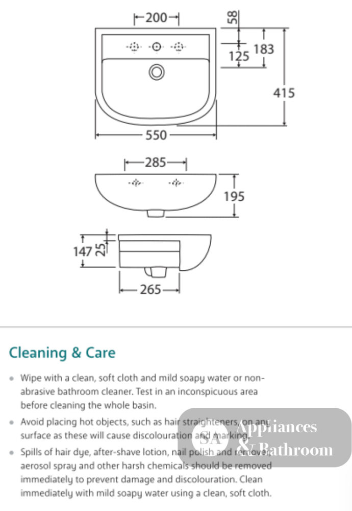 Fienza 603703W Semi Recessed RAK 3 Tap Hole Ceramic Compact Basin White - Basins