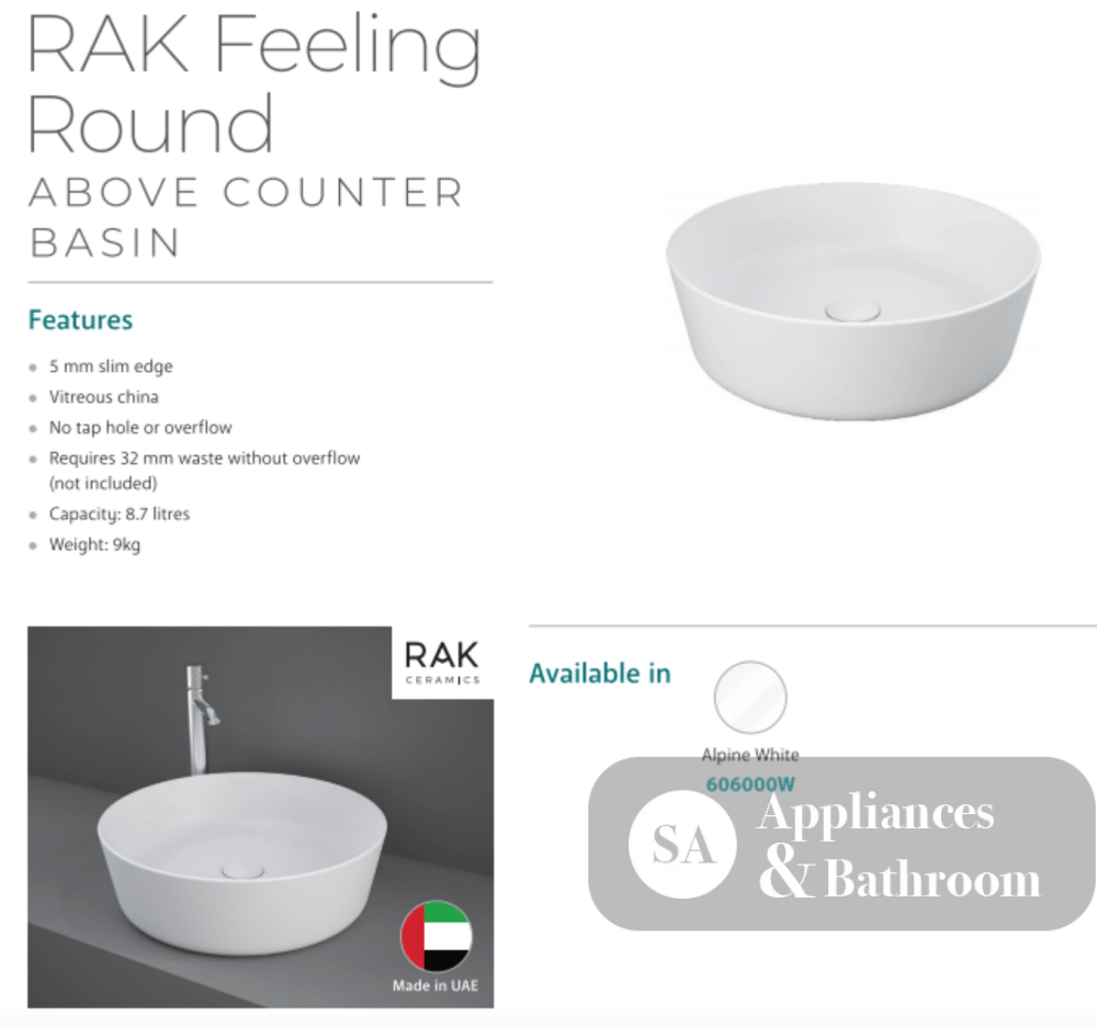 Fienza 606000W Moon Above Counter RAK Basin Round White - Basins