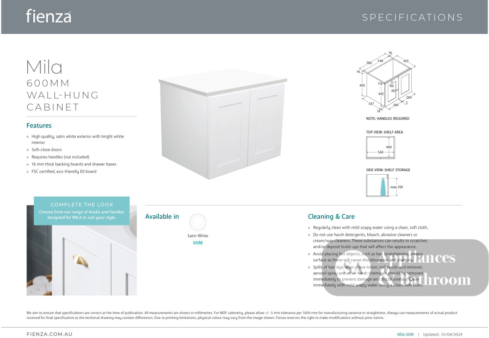 Fienza 60M Mila 600mm Wall-Hung Cabinet Cabinet Only - Cabinet Only