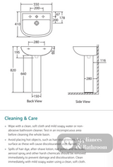 Fienza 611231W Compact 550mm Wall Basin & Pedestal 1 Tap Hole White - Basins