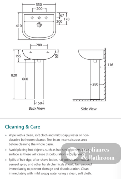 Fienza 611231W Compact 550mm Wall Basin & Pedestal 1 Tap Hole White - Basins