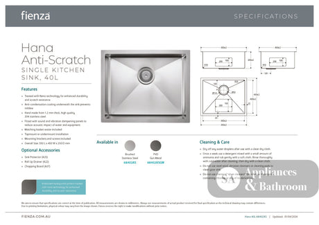 Fienza 68402AS Hana Single Bowl Sink Anti Scratch Stainless Steel 550x450x200mm - Top Mounted Kitchen Sinks