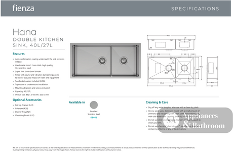Fienza 68406 Hana Double Kitchen Sink 40L/27L - Top Mounted Kitchen Sinks