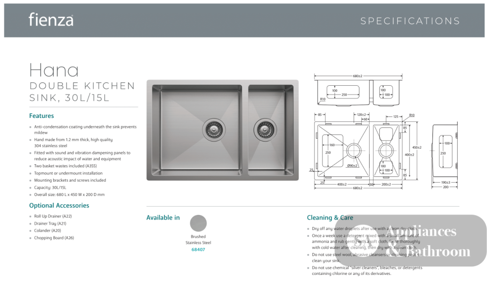 Fienza 68407-KIT Hana Double Kitchen Sink 30L/15L with Accessories Stainless Steel - Top Mounted Kitchen Sinks