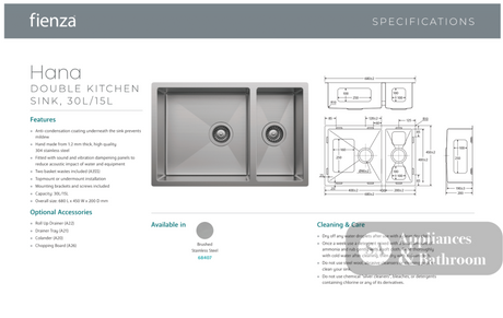 Fienza 68407-KIT Hana Double Kitchen Sink 30L/15L with Accessories Stainless Steel - Top Mounted Kitchen Sinks