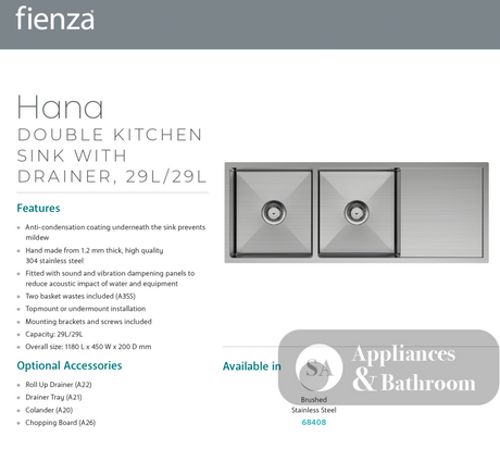 Fienza 68408 Hana 29L/29L Double Kitchen Sink with Drainer - Top Mounted Kitchen Sinks
