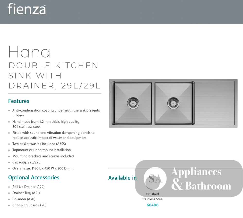 Fienza 68408-KIT Hana 29L/29L Double Kitchen Sink with Drainer - Top Mounted Kitchen Sinks