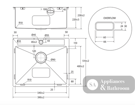 Fienza 68503-OF 50L Square Laundry Sink with Overflow - Laundry Insert Sinks