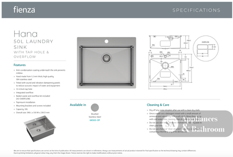 Fienza 68503-OF 50L Square Laundry Sink with Overflow - Laundry Insert Sinks