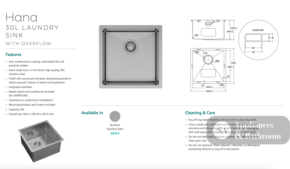 Fienza 68504 Hana 504 30L Stainless Steel Laundry Sink with Overflow - Laundry Insert Sinks
