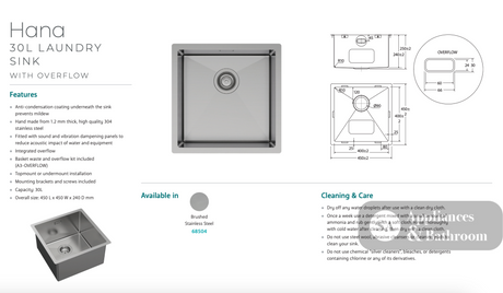 Fienza 68504 Hana 504 30L Stainless Steel Laundry Sink with Overflow - Laundry Insert Sinks