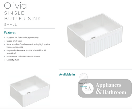 Fienza 68704 Olivia Small Single Butler Sink 605X455X255Mm White- Special Order Kitchen Sinks