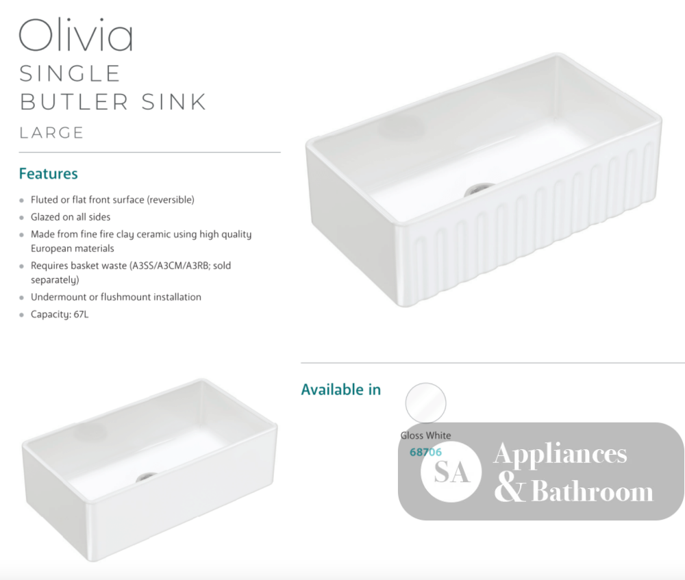 Fienza 68706 Olivia Large Single Butler Sink 840X460X255Mm White - Special Order Kitchen Sinks