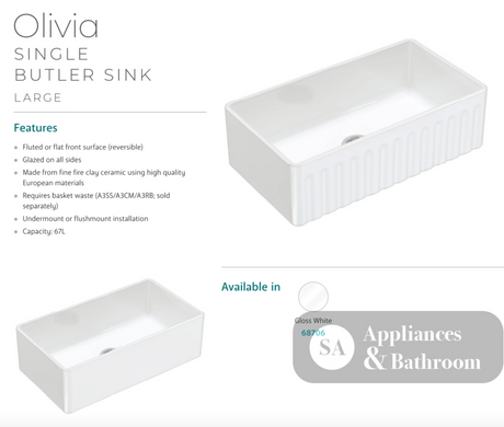 Fienza 68706 Olivia Large Single Butler Sink 840X460X255Mm White - Special Order Kitchen Sinks