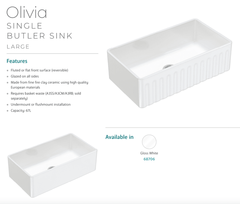 Fienza 68706 Olivia Large Single Butler Sink 840X460X255Mm White - Special Order Kitchen Sinks