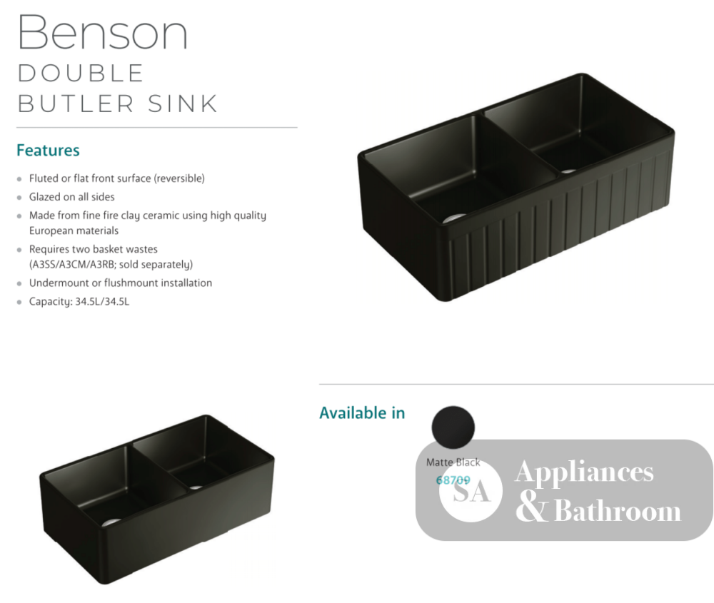Fienza 68709 Benson Double Butler Sink Matte Black - Special Order Kitchen Sinks