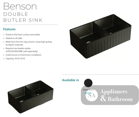 Fienza 68709 Benson Double Butler Sink Matte Black - Special Order Kitchen Sinks
