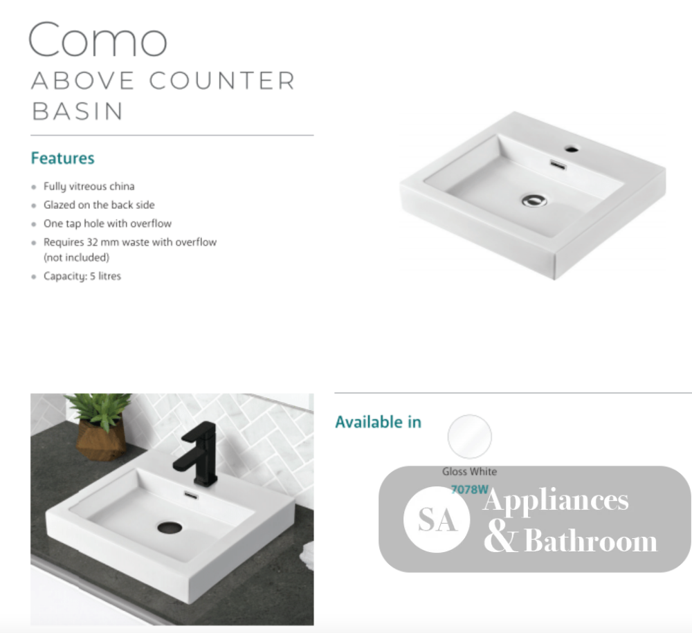 Fienza 7078W Como Above Counter 1 Tap Hole Basin Gloss White - Basins