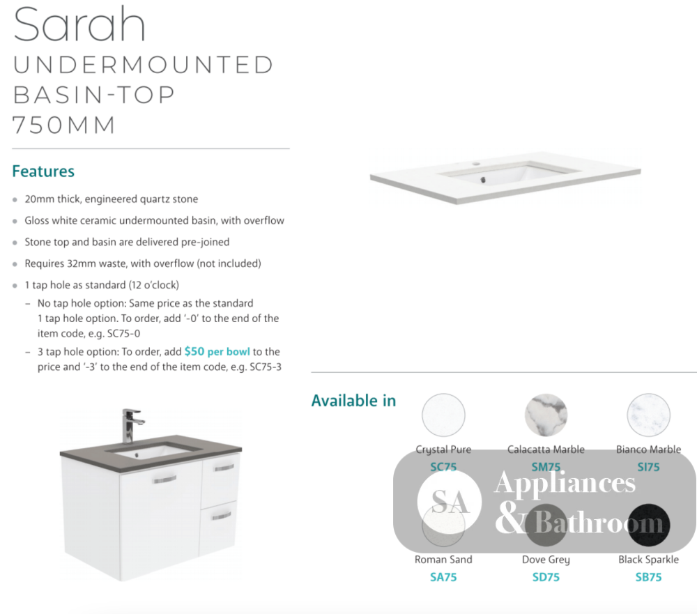Fienza 750Mm Sc75H Crystal Pure Undermount Stone Top Manu Wall Hung Vanity Unit White - Special