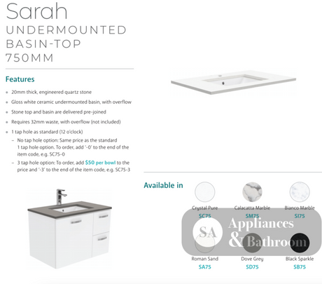 Fienza 750Mm Sc75H Crystal Pure Undermount Stone Top Manu Wall Hung Vanity Unit White - Special