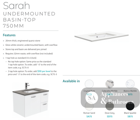 Fienza 750Mm Sc75Zbl Crystal Pure Undermount Stone Top Fingerpull Wall Hung Vanity Unit Left Drawers