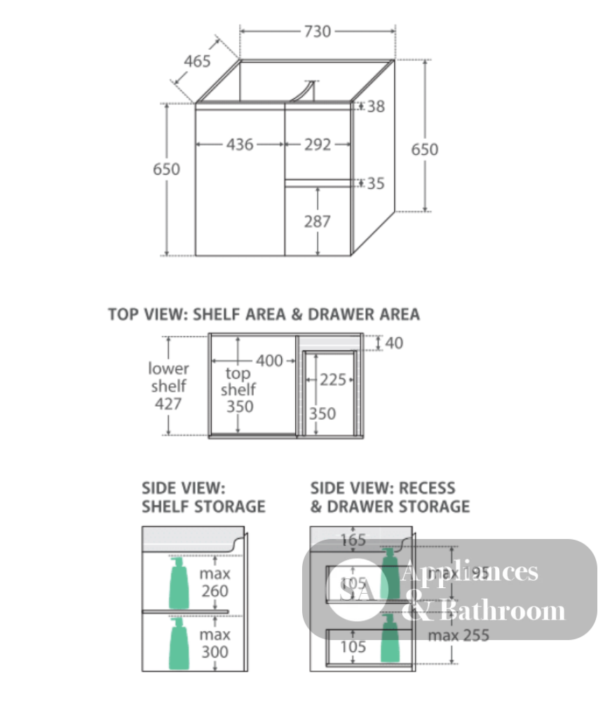 Fienza 750Mm Sc75Zbl Crystal Pure Undermount Stone Top Fingerpull Wall Hung Vanity Unit Left Drawers
