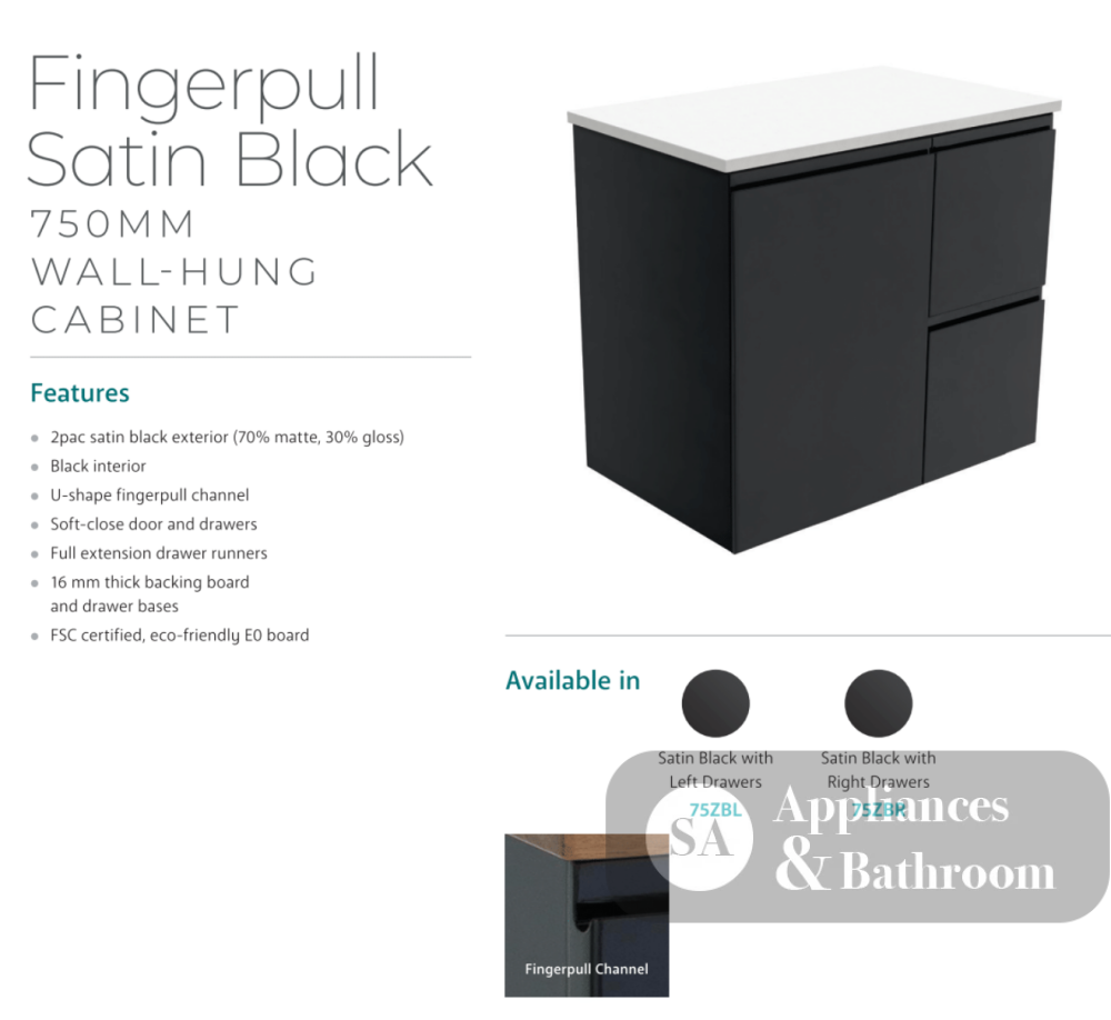 Fienza 750Mm Sc75Zbr Crystal Pure Undermount Stone Top Fingerpull Wall Hung Vanity Unit Right