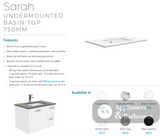 Fienza 750Mm Sc75Zbr Crystal Pure Undermount Stone Top Fingerpull Wall Hung Vanity Unit Right