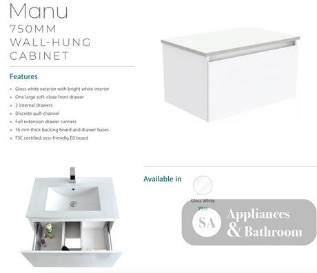 Fienza 750Mm Tclb75H Dolce Matte Black Manu Wall Hung Vanity White - Special Order Units