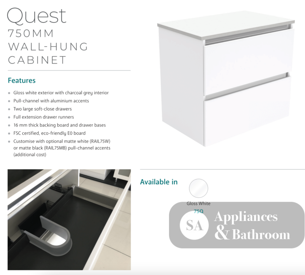 Fienza 750Mm Tclb75Q Dolce Matte Black Quest Wall Hung Vanity White - Special Order Units
