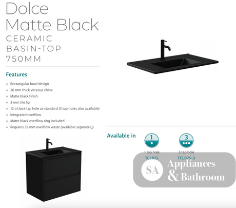 Fienza 750Mm Tclb75Qk Dolce Matte Black Quest Vanity On Kickboard White - Special Order Units