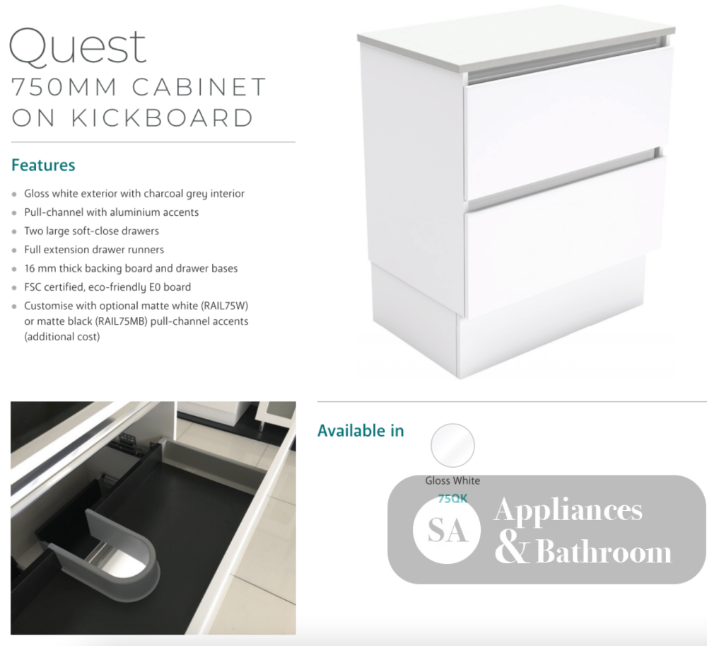 Fienza 750Mm Tclb75Qk Dolce Matte Black Quest Vanity On Kickboard White - Special Order Units