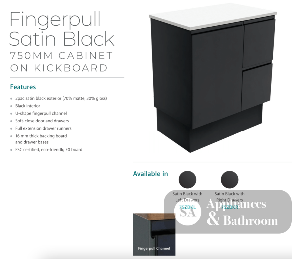Fienza 750Mm Tclb75Zbkr Dolce Matte Black Satin Vanity On Kickboard Right Drawers - Special Order