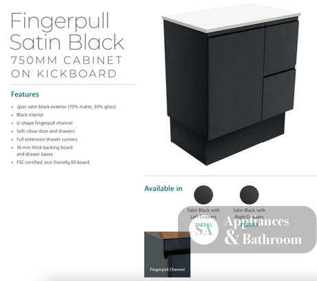 Fienza 750Mm Tclb75Zbkr Dolce Matte Black Satin Vanity On Kickboard Right Drawers - Special Order