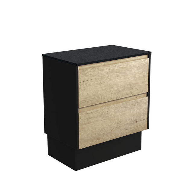 Fienza 75BSBK Amato 750 On Kickboard Cabinet Satin Black Panels Scandi Oak Cabinet Only - Cabinet Only