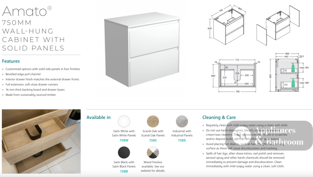 Fienza 75BSW Amato 750 Wall Hung Cabinet Satin White Panels Scandi Oak Cabinet Only - Cabinet Only