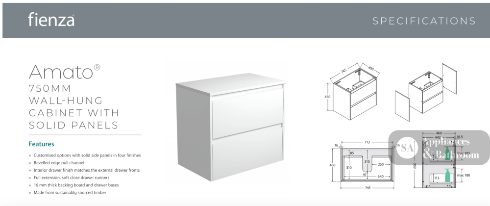 Fienza 75BW Amato 750 Wall Hung Cabinet Satin White Cabinet Only - Cabinet Only